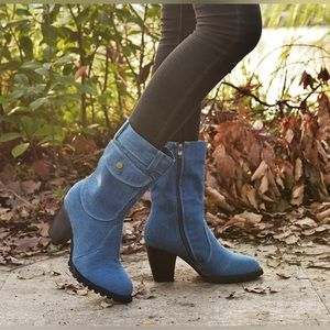 Denim Block Heel Mid Calf Almond Toe Boots Side Zipper And Pocket Size US10/EU42